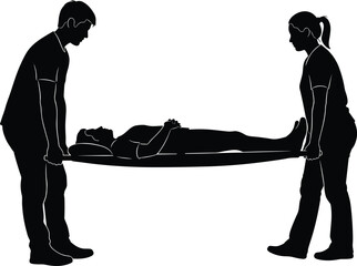 Emergency stretcher silhouettes, medical rescue teamwork, patient transport illustration, healthcare support, first aid response, vector design of emergency medical services