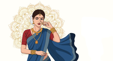 Fototapeta premium Beautiful Indian woman wearing traditional sari and jewelry, posing in front of a golden mandala pattern, reflecting rich culture and heritage.