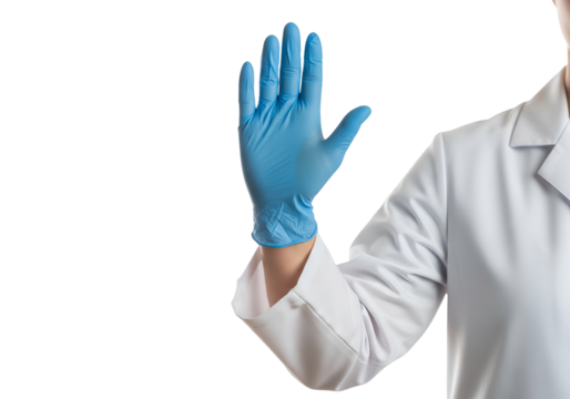 male doctor in white coat and glove displaying stop hand gesture signifying caution or warning against simple transparent background