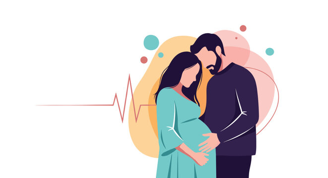 Vector illustration depicting a pregnant couple tenderly embracing, representing the love and anticipation of parenthood. - Powered by Adobe