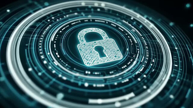 Digital lock symbolizing cybersecurity, surrounded by glowing data patterns and technology elements
