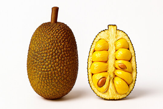 Fresh cempedak fruit with golden soft flesh inside rough green skin.