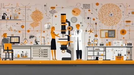 Scientists collaborating in a laboratory, analyzing samples with a microscope, surrounded by research tools