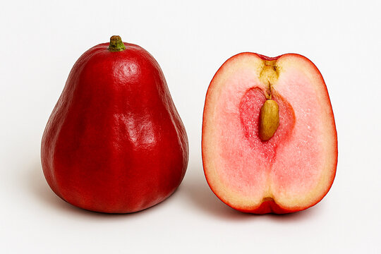 Fresh Malay apple showing red shiny skin and white crisp flesh.