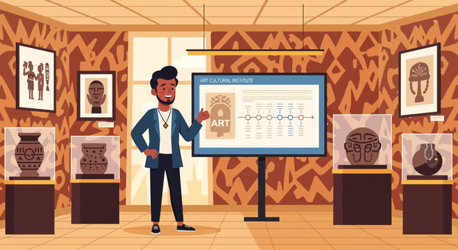 Engaging art docent leading a tour amidst artifacts in cultural institute