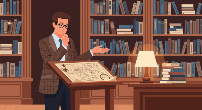 Historical strategist contemplating ancient map amidst library, envisioning campaigns