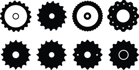 Gear silhouette vector illustration set, mechanical cogwheel icons, industrial sprocket design elements, engineering machinery parts, technology concept graphic for stock content