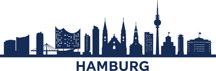 Hamburg city skyline silhouette, architectural landmarks, historic churches, modern buildings, television tower, Germany travel illustration, vector design of urban landscape