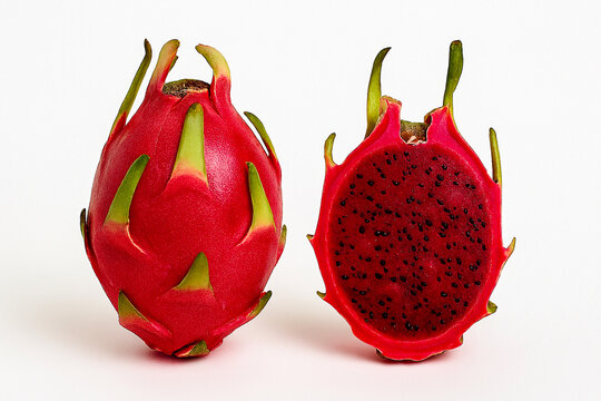 Fresh dragon fruit with white juicy flesh and black seeds when halved.