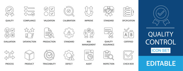 Quality Control line Icon Set. Features icons of improve, inspection, compliance, standard, and assurance. Perfect for business process management, and product testing.