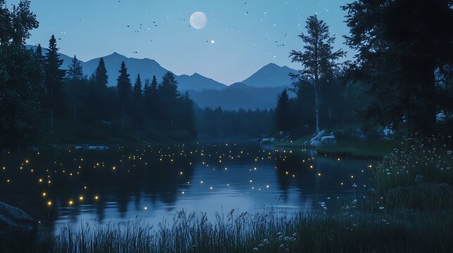 magical night landscape showcases glowing fireflies on a calm lake, surrounded by a tranquil forest and mountains under a full moon and starry sky - Powered by Adobe