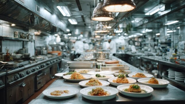 A bustling kitchen filled with chefs preparing dishes, showcasing well-presented plates of food in a professional cooking environment.