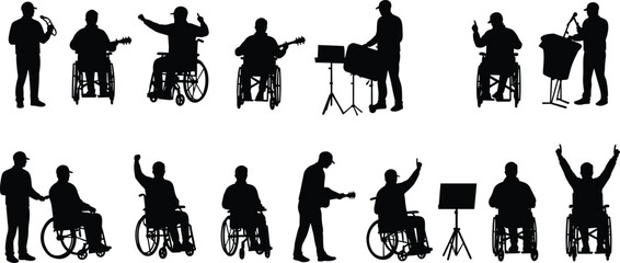 Inclusive music silhouettes, wheelchair performers, diverse musicians, singing and playing instruments, accessibility in arts, vector illustration of inclusive performance and teamwork