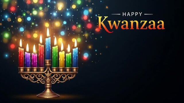 Animated Kwanzaa Video Background Template Colorful Menorah Nine Candles Hanukkah Symbol Festive Bokeh Light Glow Abstract Swahili Ujamaa Motion Graphics Footage
 - Powered by Adobe