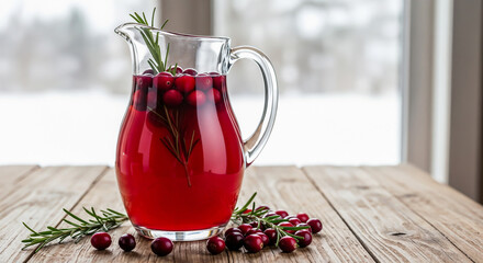 Cranberry punch with rosemary in pitcher symbolizing natural freshness