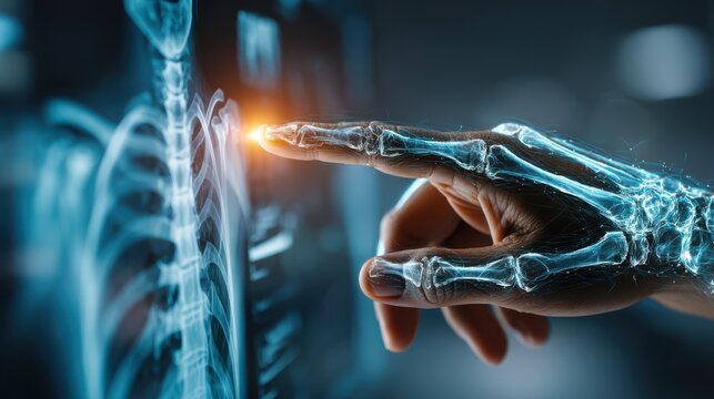 A futuristic hand interacts with a digital display of a human skeleton, showcasing advanced technology in medical diagnostics.