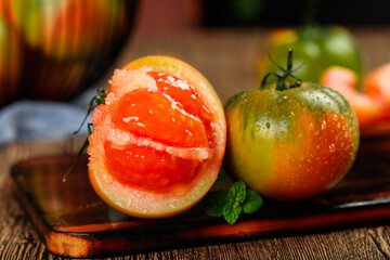 Fresh Ripe Tomatoes with Water Droplets on Wooden Board - Authentic Farm Vegetables Ready to Eat