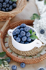 Fresh Blueberries in White Bowl on Rustic Wicker Tray - Healthy Organic Fruit Display