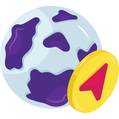 Stylized Globe With Purple Irregular Shapes And Yellow Navigation Arrow On Transparent Background