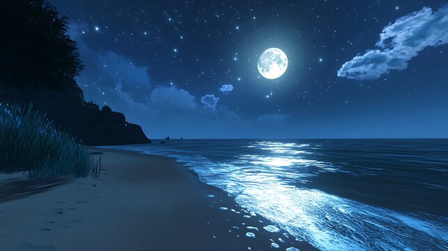 breathtaking full moon illuminates ocean waves crashing on a sandy beach at night, under a star-filled skyPerfect for depicting tranquility and natural beauty - Powered by Adobe