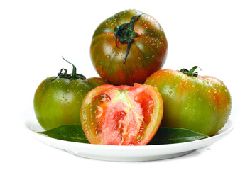Fresh Ripe Tomatoes with Water Droplets on White Plate - Healthy Organic Vegetables for Cooking