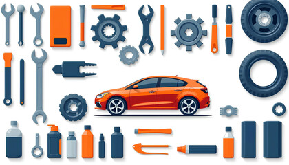 Flat design vector illustration of automotive workshop tools and car maintenance elements