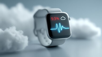 A sleek smartwatch displaying heart rate and weather data, surrounded by a soft cloud background, symbolizing health and technology.
