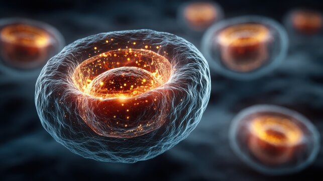 A vibrant, high-tech illustration of glowing cells in a dark background, showcasing intricate details and elements of cellular structure.