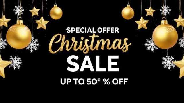 hristmas sale banner or web header black background template with glitter gold elements, snowflakes, stars and calligraphy