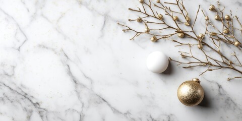 Minimalist luxury Christmas background with white marble surface gold branch white bauble and subtle bokeh for premium branding holiday packaging social media and elegant design

