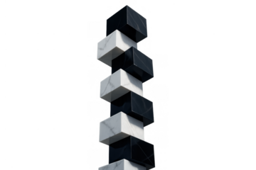 Stacked black and white marble cubes forming a precarious sculpture, symbolizing balance, risk, and stability on a transparent background