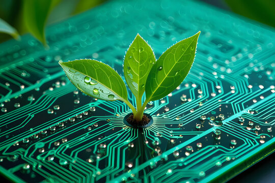 Green plant growing from a printed circuit board - Powered by Adobe