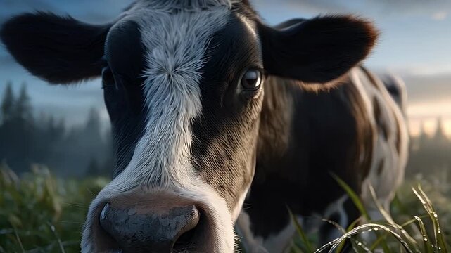 Close up of a black and white cow in a green field at sunrise