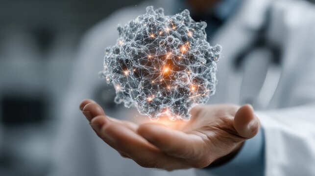 A doctor holds a glowing, abstract representation of a virus or molecular structure, emphasizing themes of science and health.
