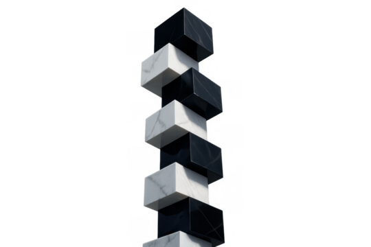 Stacked black and white marble cubes forming a precarious sculpture, symbolizing balance, risk, and stability on a transparent background