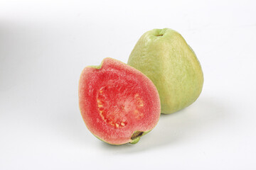 Fresh Red Guava Fruit from Guangxi with Pink Flesh Cross Section on White Background