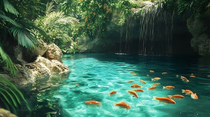 tranquil scene of vibrant orange goldfish swimming in a crystal-clear turquoise pool, surrounded by lush tropical vegetation and a serene waterfall