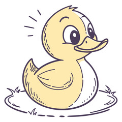 Cute cartoon baby duckling sitting on a nest, looking happy and adorable, with a simple line art style, isolated on