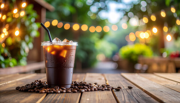 Refreshing iced coffee in a relaxed, illuminated outdoor setting, surrounded by rich roasted beans. Perfect summer cafe vibe. - Powered by Adobe