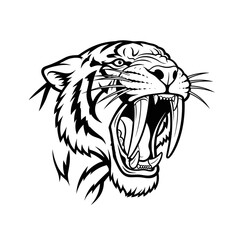 Aggressive roaring tiger head illustration in black and white, featuring fierce eyes and sharp fangs.