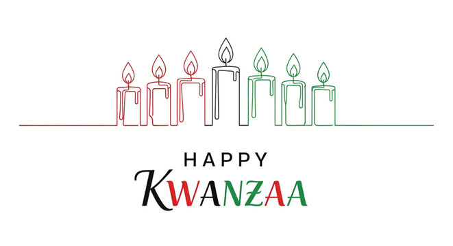 Kwanzaa Happy Greeting Card Design Minimalist Line Art Kinara Seven Candles African American Holiday Principles Umoja Unity Swahili Culture Red Black Green Vector Illustration Banner Background
