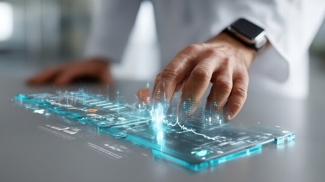 A hand interacts with a glowing digital interface, showcasing technology and innovation in a futuristic setting.