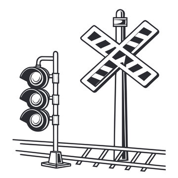Railroad crossing with a traffic light and a crossbuck sign, indicating a railway intersection, isolated on