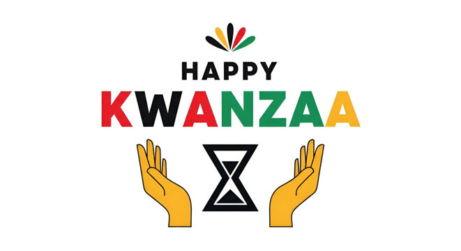 Kwanzaa Happy Celebration Greeting Card African American Holiday Hands Holding Hourglass Symbol Swahili Umoja Unity Principle Red Black Green Yellow Modern Graphic Design Vector Illustration Banner 