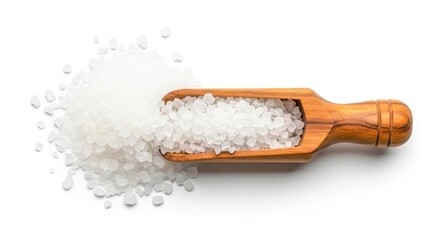 A wooden scoop filled with coarse sea salt and spilling onto a clean white background isolated on white background