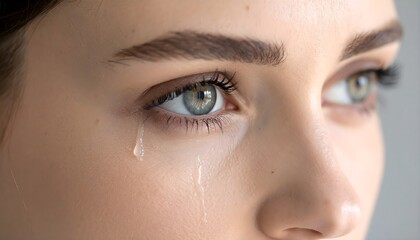 Close-up of a womans face with tears streaming down her cheek.