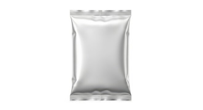 A single empty silver foil sachet or packet mockup, with crimped edges isolated on white background