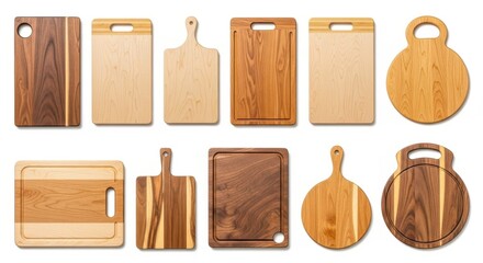 A collection of various wooden cutting boards with different shapes and wood grains isolated on white background