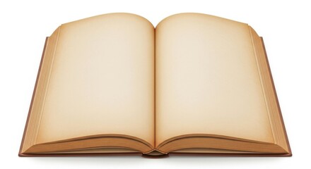 An open antique book with aged yellowed pages and a worn leather cover isolated on white background