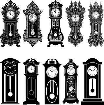 Elegant Black and White Silhouette Collection of Antique Grandfather Clocks